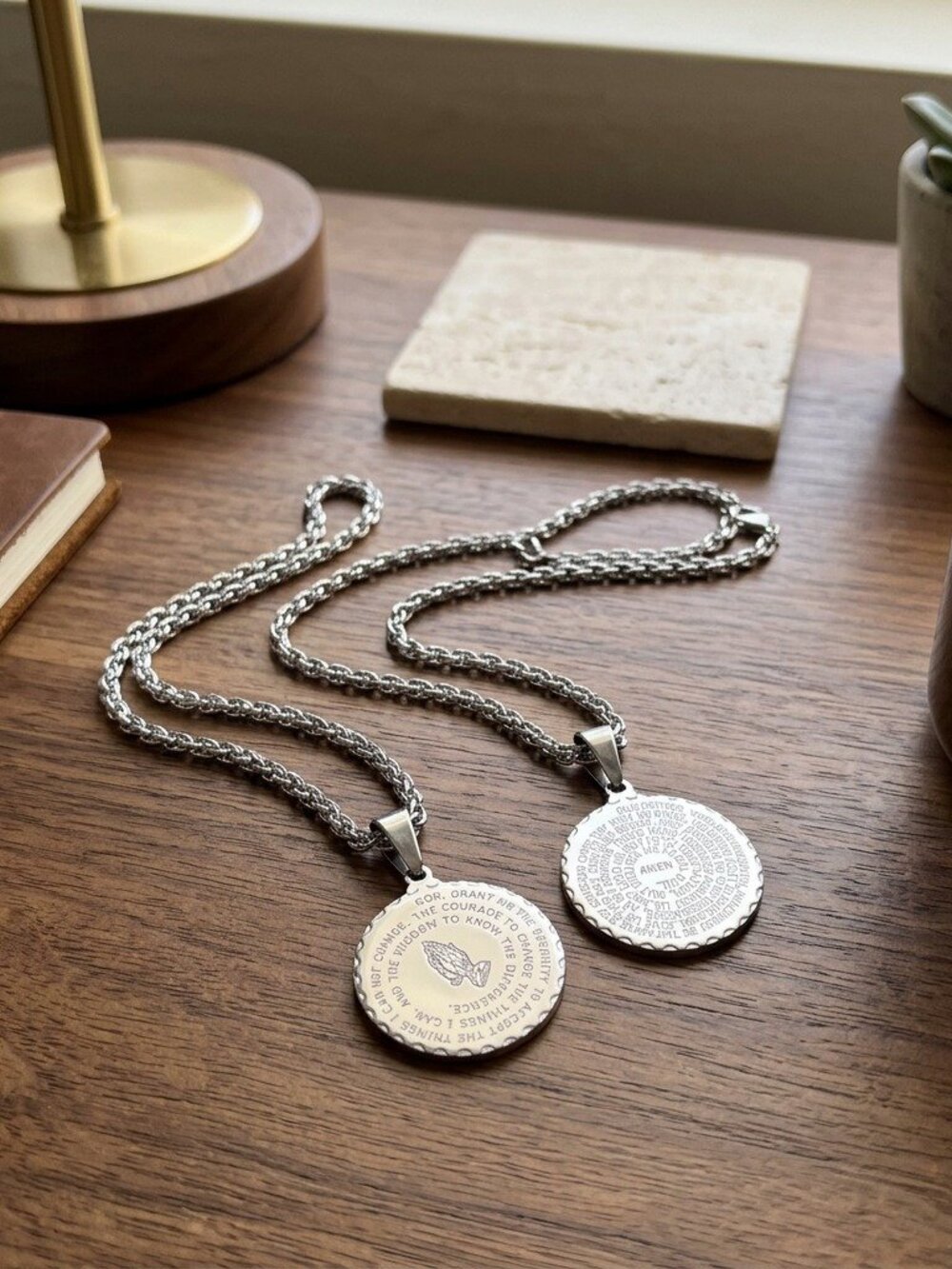 Mens Serenity Prayer Coin Necklace Stainless Steel Praying Hands Medal 22in